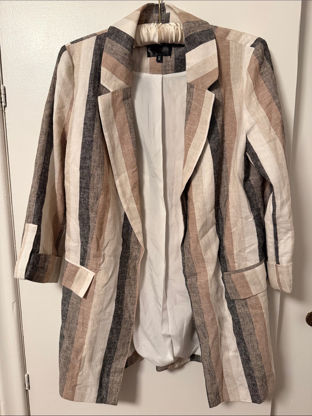 Striped Linen-Blend Women’s Blazer Jacket in Beige & Cream